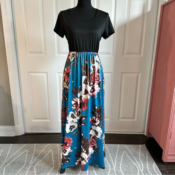 MokingTop Black and Teal Floral Short Sleeve Stretch Maxi Dress - Picture 1 of 6